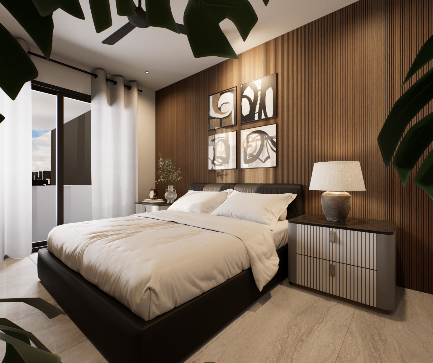 Premium bedroom interior render with timber feature wall