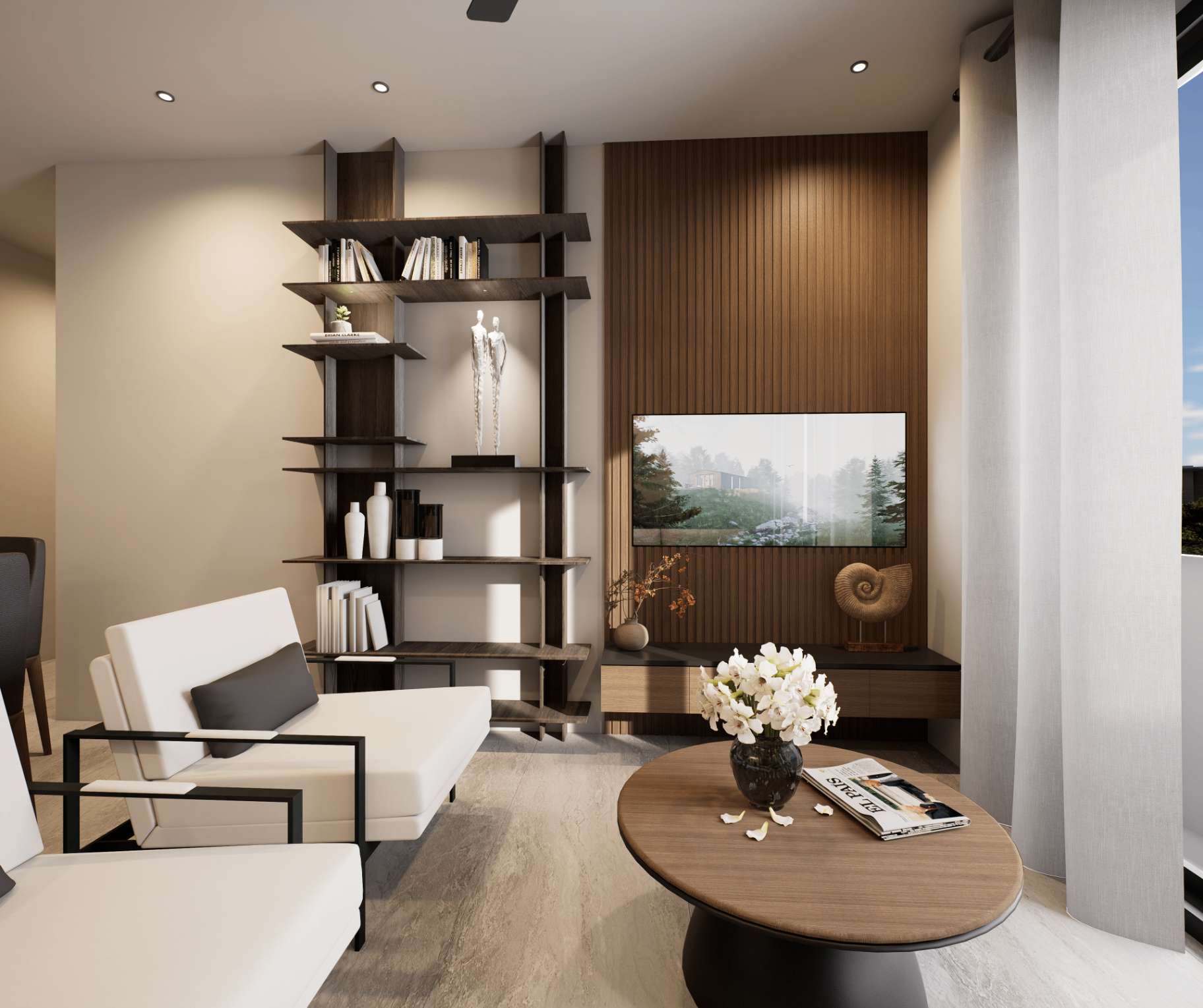 Modern living room interior render with lounge seating and TV wall