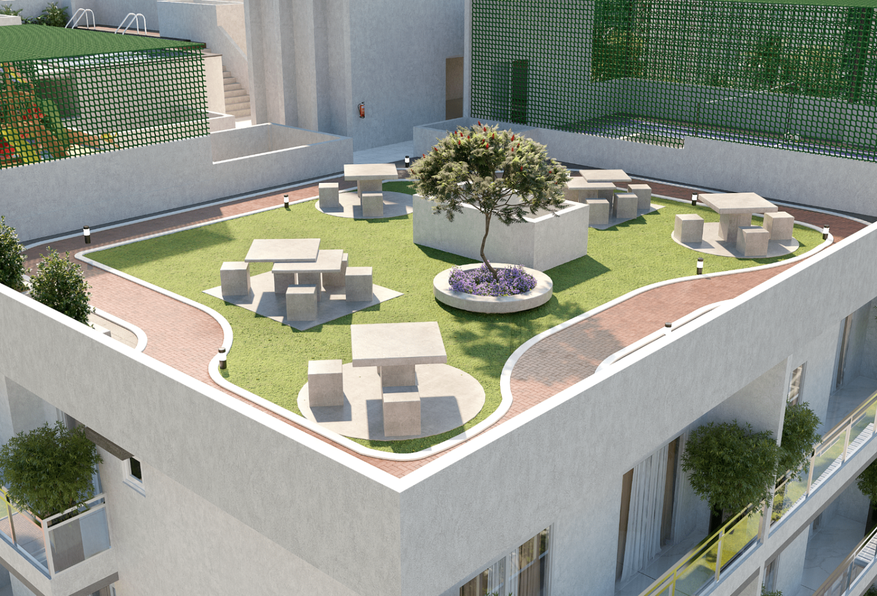 Rooftop walking path and outdoor seating at a Rush Lanka development